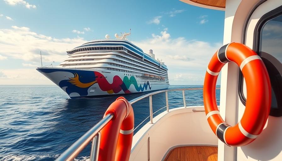 Vibrant cruise ship viewed from boat deck in calm sea.