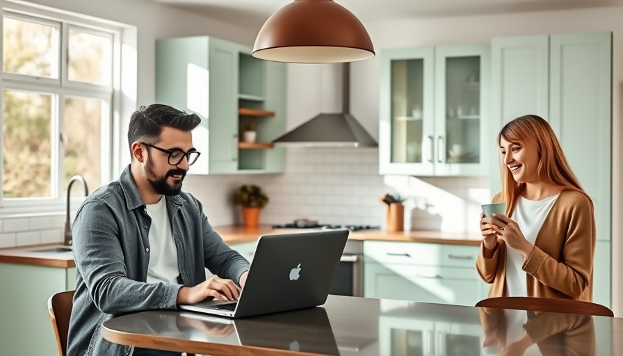 Man with laptop and phone in modern kitchen discussing Lead Bank Credit Cards.