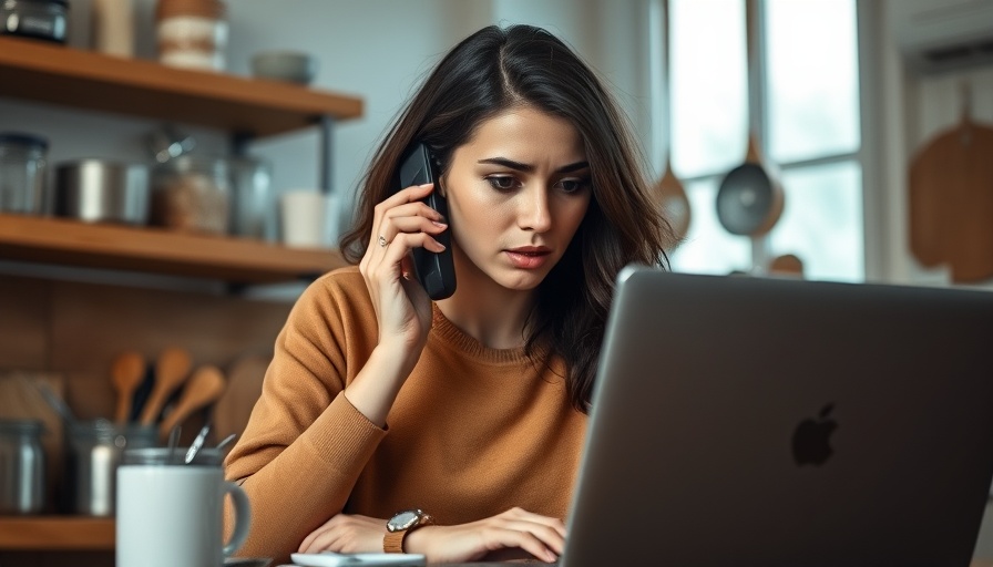 Concerned woman discussing student loan default collections on phone in kitchen.