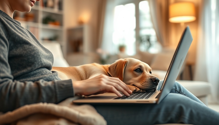 Cozy house sitting scene with dog and digital nomad.