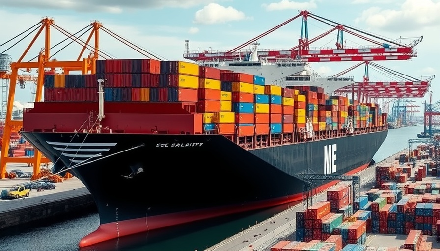 Cargo ship at port, highlighting tariff calculator for small businesses.