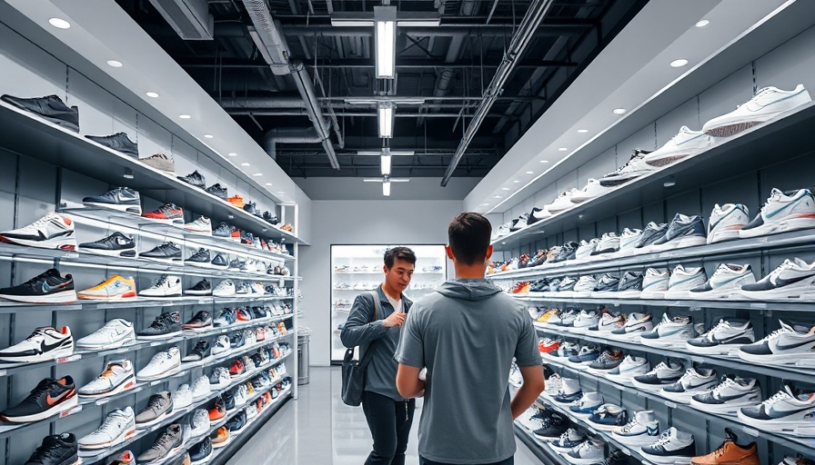 Sneaker store depicting tariffs raising prices for businesses, shoppers browsing.