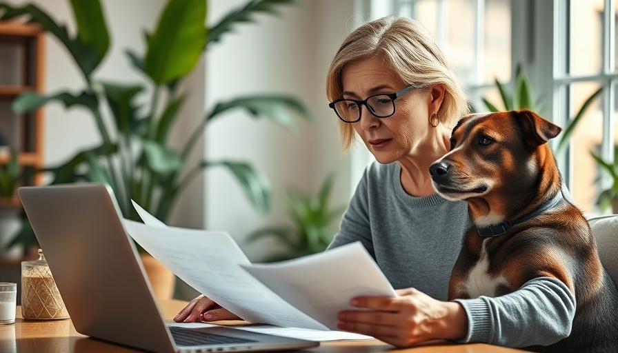 Small business owner checking mortgage rates with laptop and pet dog.