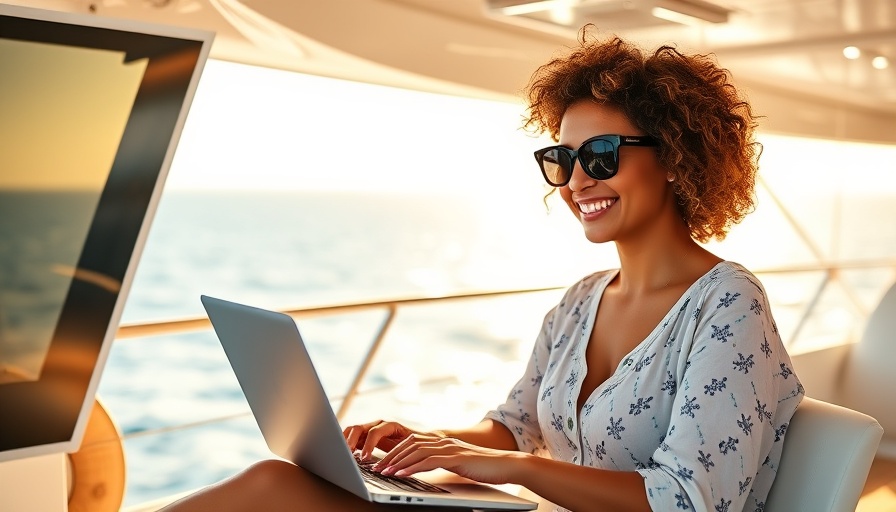Digital nomad woman working on a yacht with ocean view.