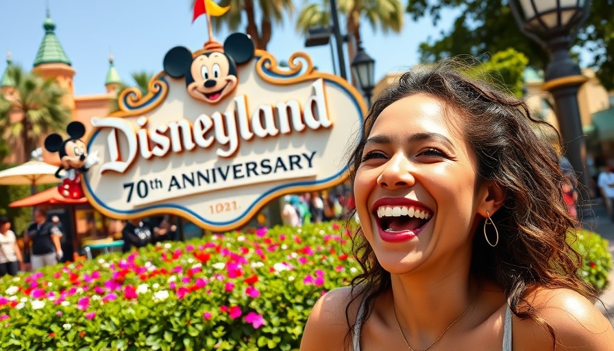 Excited visitor at Disneyland 70th Anniversary Celebration with festive decor.