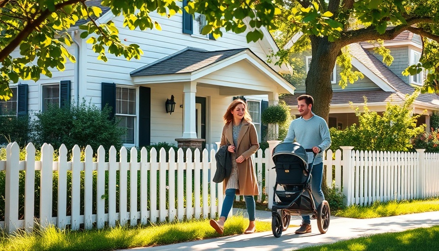 Young family walking past a house; mortgage rates rise, home prices lower.