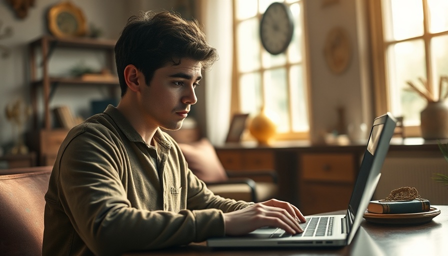 Young man becoming a digital nomad blogger in cozy space.
