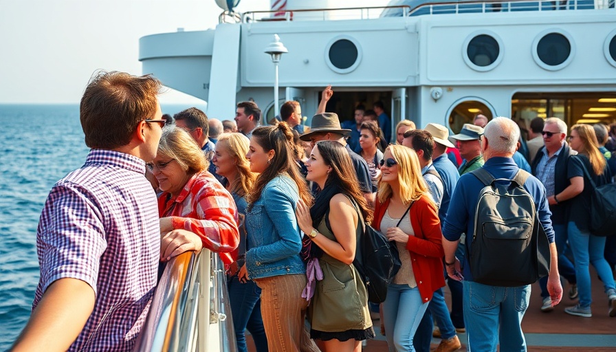 Cruise passengers excitedly disembarking from a ship