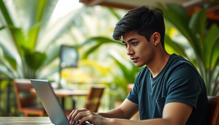 Young man focused on laptop in tropical setting, exploring remote job opportunities.