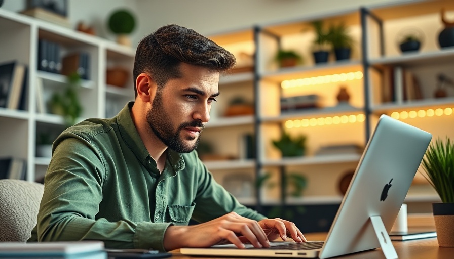 Focused man using laptop with child in home office, military discounts for business owners.