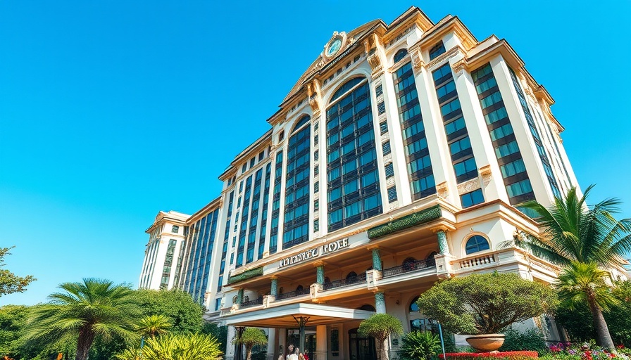 Universal Helios Grand Hotel exterior view with greenery and sky.