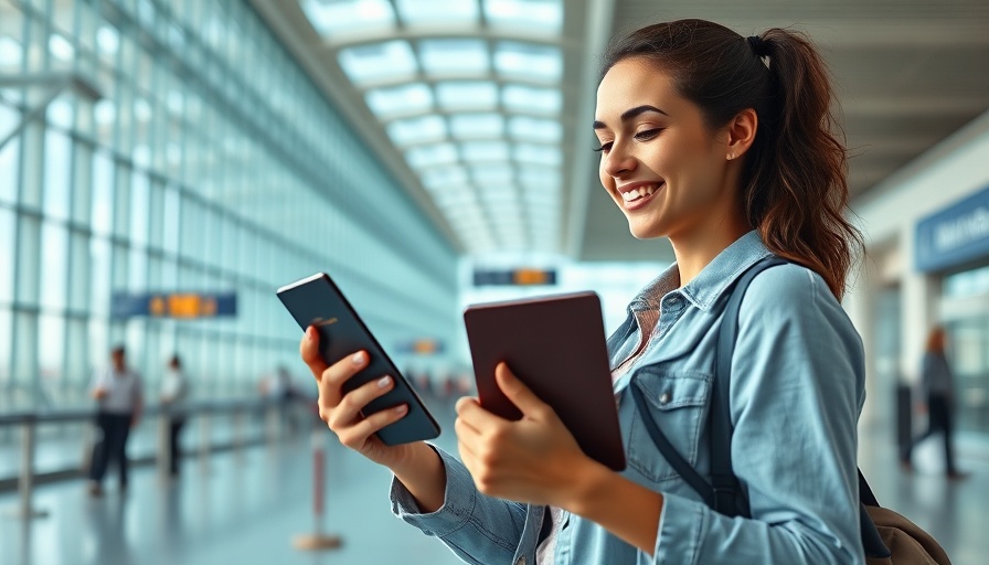 Woman at airport holding passport, using phone, modern background.