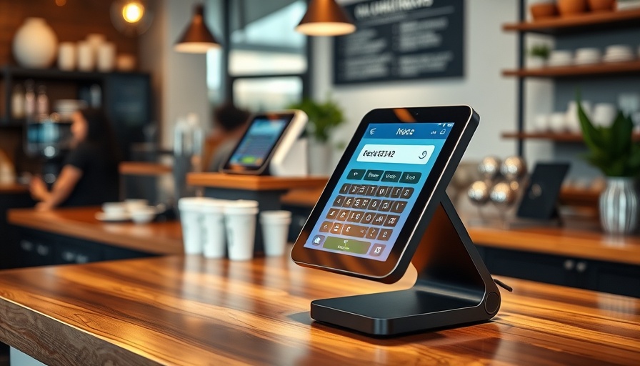 Square POS terminal for small businesses on a wooden counter.