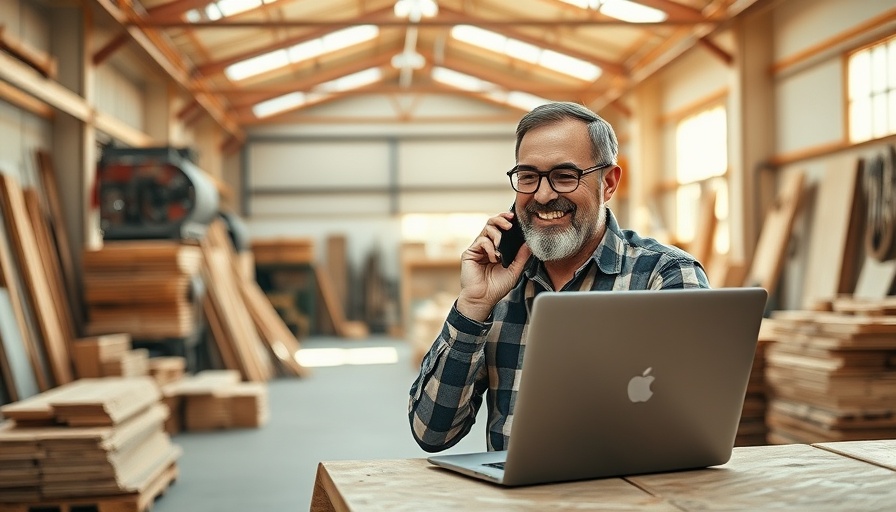 Middle-aged man in workshop discussing financing used equipment on phone.