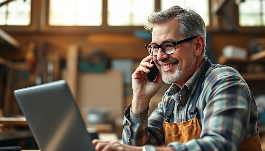 Man discussing financing used equipment over phone and laptop in workshop.