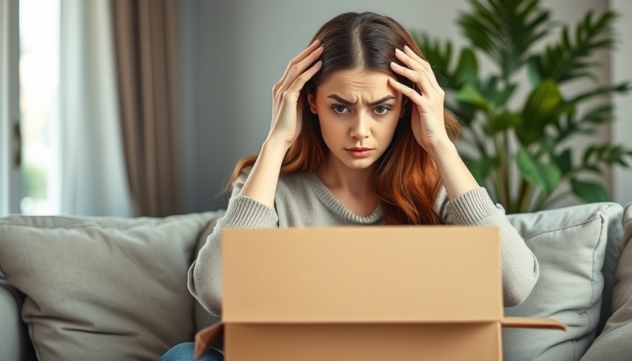 Concerned woman with open box experiencing Prime Day shopping regrets.