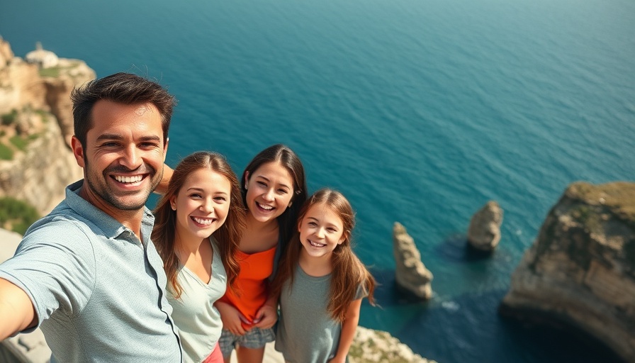 Family posing on cliff with ocean view, digital nomad visas for families.