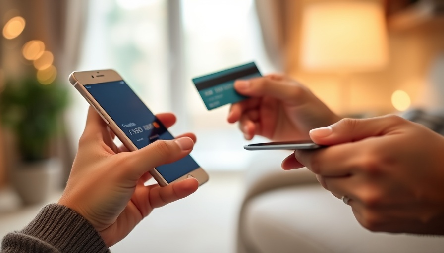 Hands doing online transaction with phone and card, impacting small business finances.