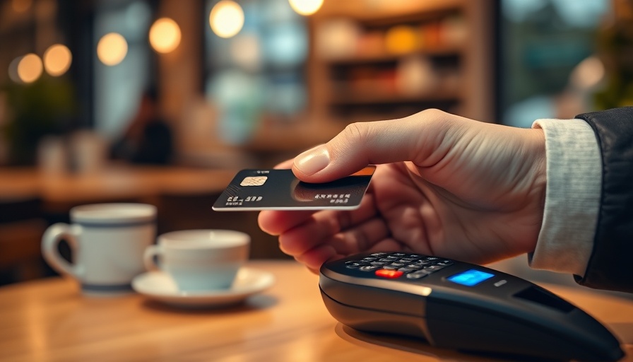 Contactless payment being made with credit card, blurred cafe setting.