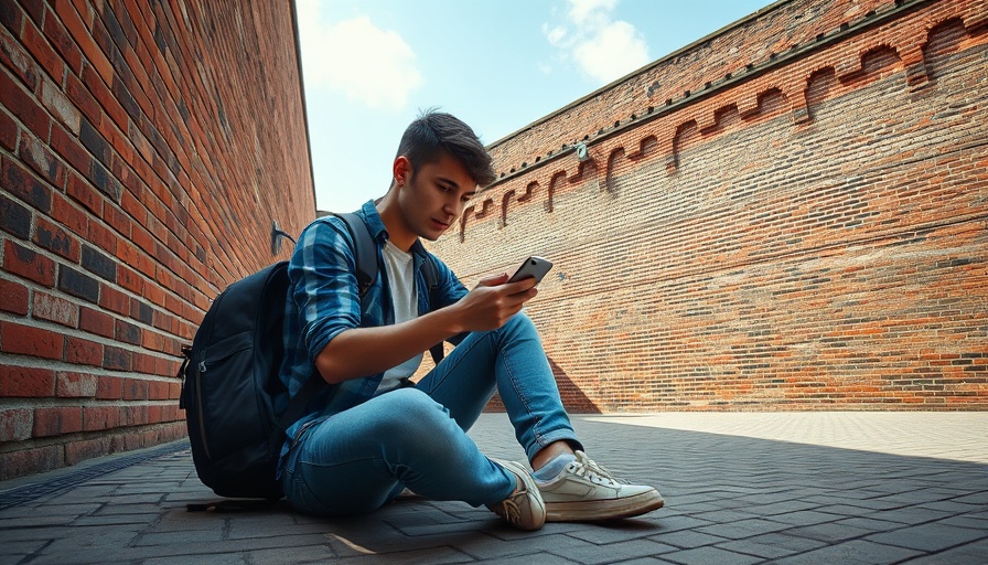 Young man using phone with backpack against ancient brick wall, eSIMs for International Travel.
