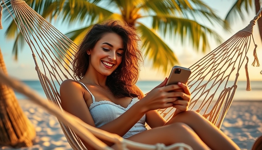 Woman relaxing in hammock by tropical beach, using smartphone.