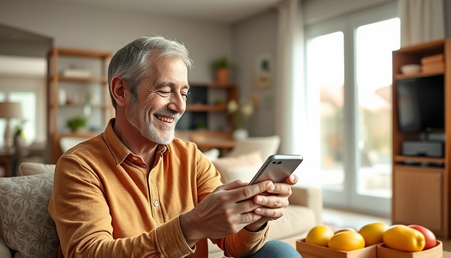 Relaxed man on sofa using phone in cozy living room.