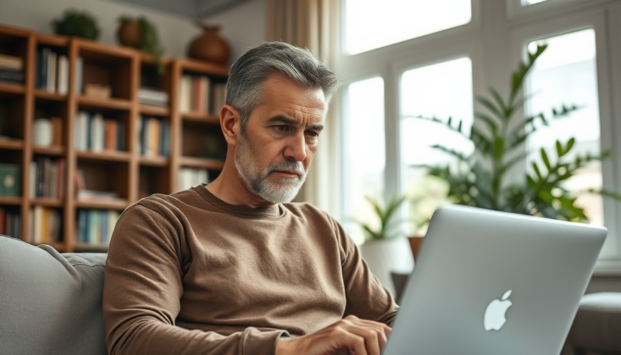 Man researching mortgage rates dip on laptop in living room.