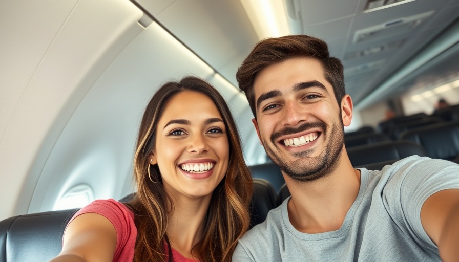 Young couple taking a selfie on an airplane, cheerful and relaxed.