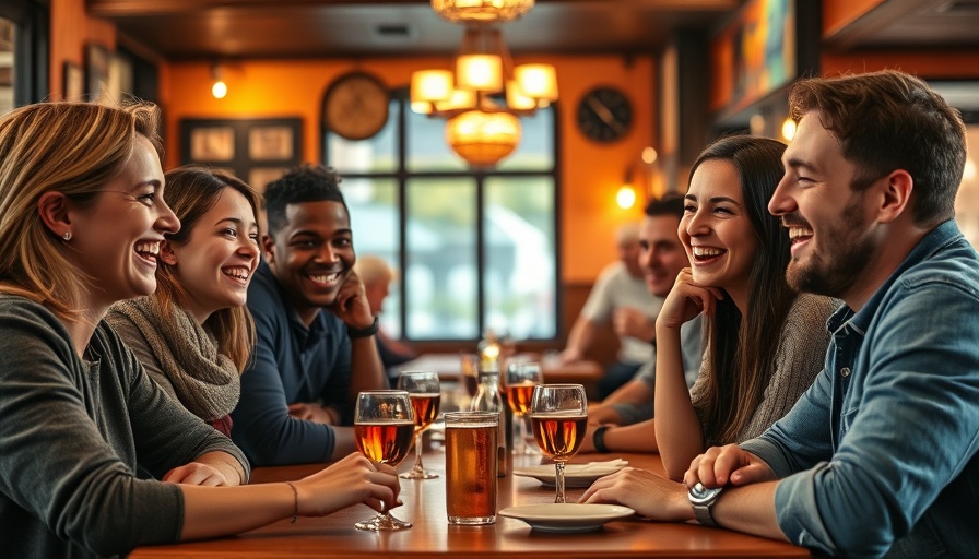 Lively discussion among friends dining in a vibrant restaurant setting.