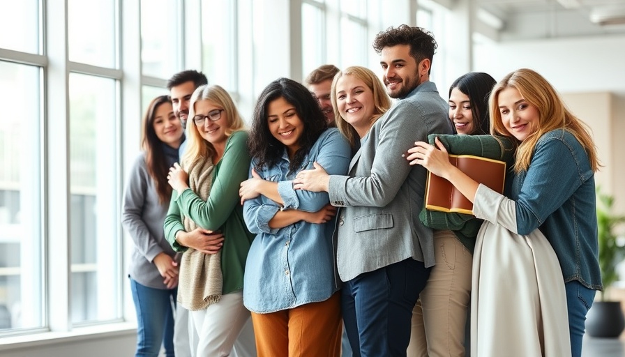 Diverse group embracing in office, showing teamwork and camaraderie.