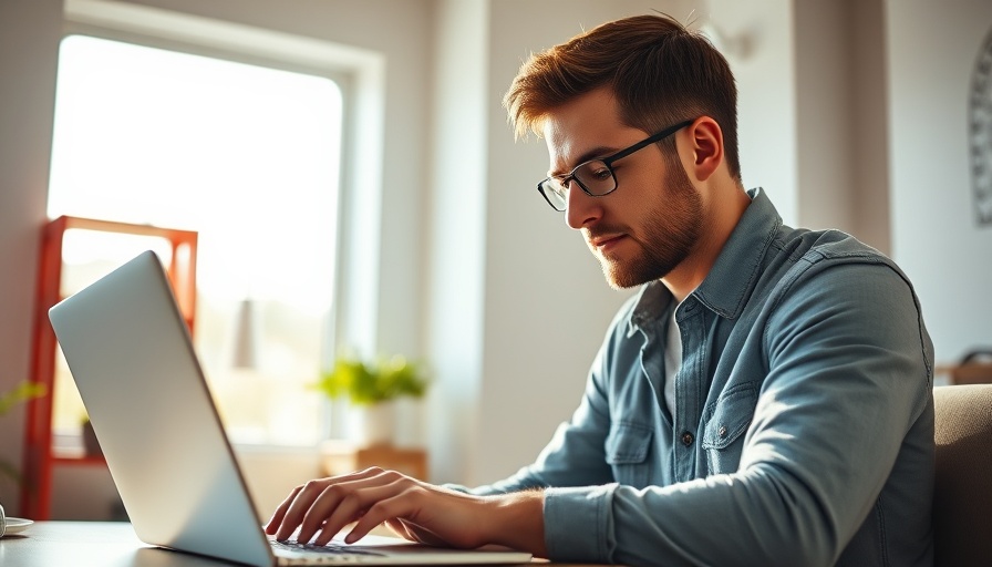 Man working on laptop researching lazy portfolios in a bright room.