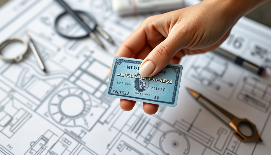 Hand holding an American Express Business Platinum Card over technical blueprints.