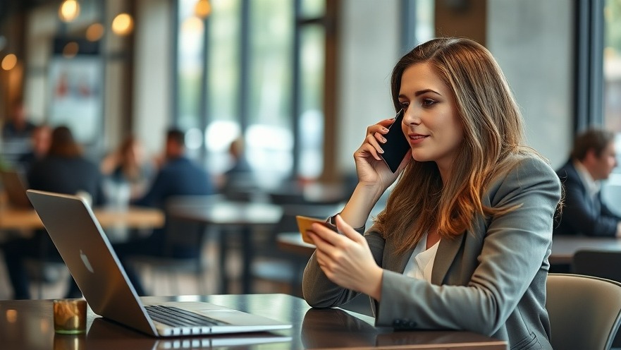 Focused businesswoman managing small business credit at a cafe.