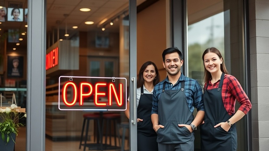 Happy small business owners at shop entrance, showcasing affordable business ideas.