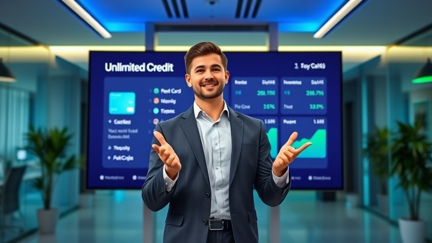 Confident professional showcasing business credit options in a modern office.