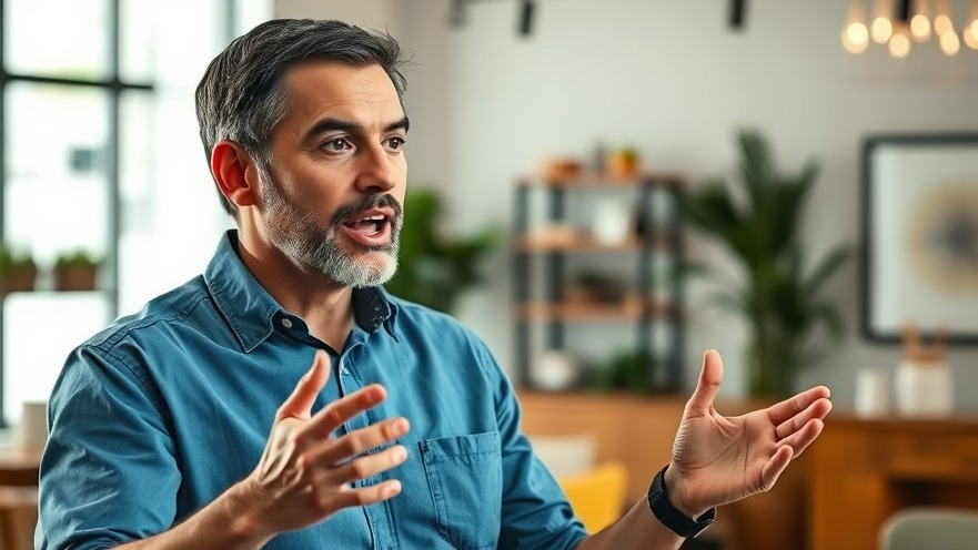 Middle-aged man discussing business funding, vibrant indoor setting, photorealistic detail.