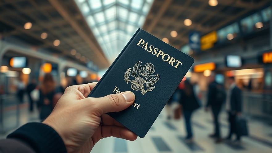 Close-up of a hand holding a passport, showcasing digital travel credentials in a busy airport.