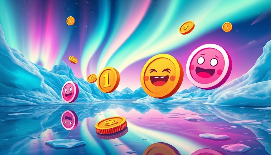 Floating meme coins illustration in an icy fantasy setting.