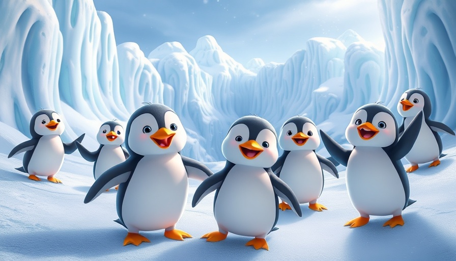 Cartoon penguins in icy landscape promoting meme coins.