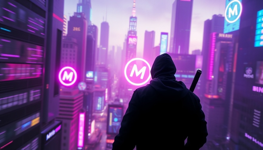 Futuristic cityscape featuring MIND of Pepe crypto coin with ninja.