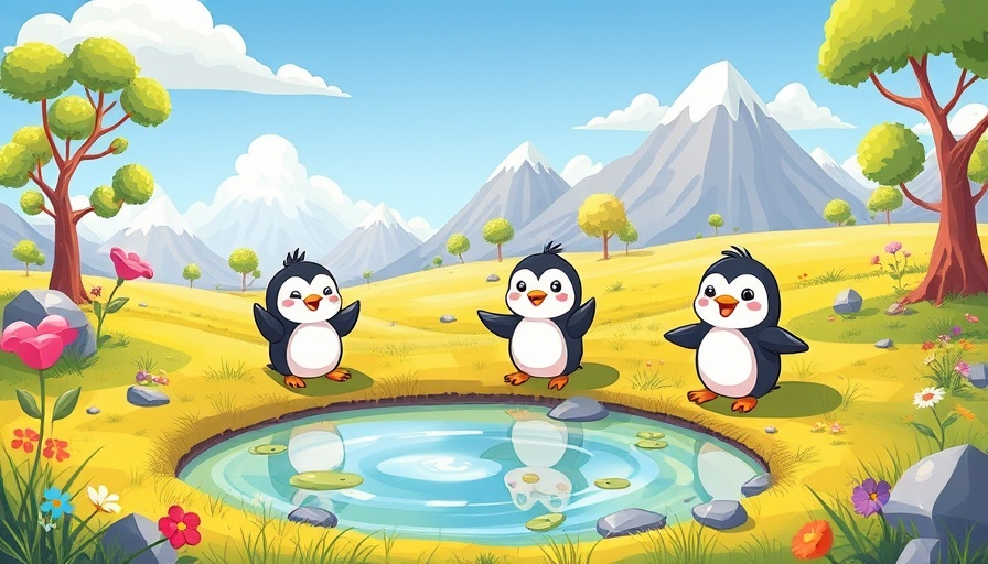 Colorful cartoon meadow with cute explorers promoting trending meme coins.