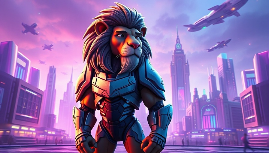 Futuristic lion with BinoFi DeFi Solutions logo, neon cityscape.