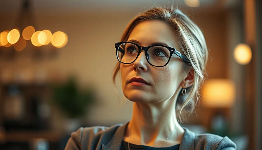Confident woman contemplating indoors, warm lighting.