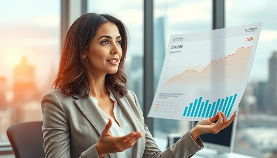 Confident businesswoman discussing trends in modern office.