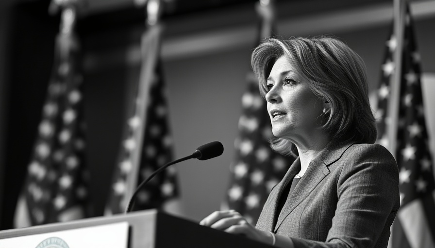 Monochrome woman speaking at podium with flags in background.