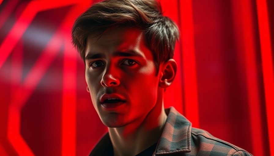 Young man in front of Tron logo speaking passionately