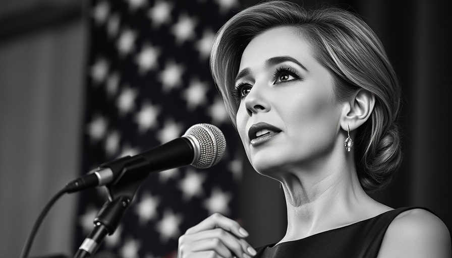 Elegant woman speaking at podium with American flag backdrop, MELANIA token transfer