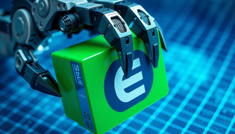 Futuristic claw grabs green block with 'E' in blue digital space.