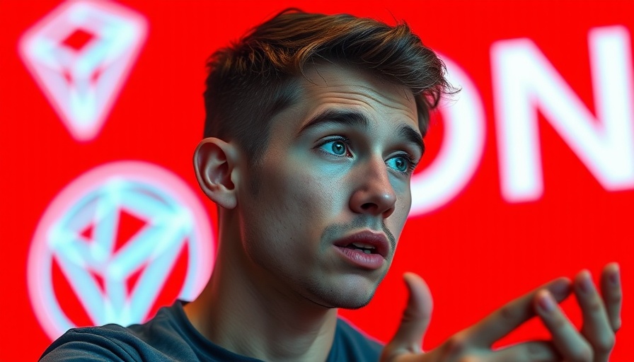 Focused young man discussing Tron and memecoins, vibrant red backdrop.