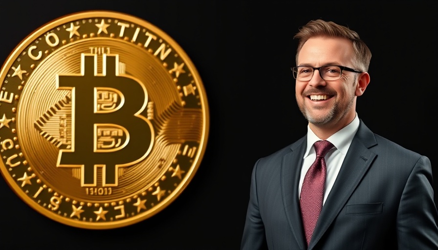 Smiling man in suit with Dogecoin, celebrity cryptocurrency launch concept